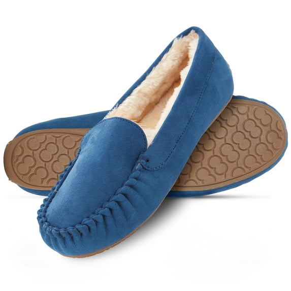 Floopi Women's Indoor/Outdoor Faux Fur Lined Basic Moccasins Slipper With Memory Foam, Medium Width