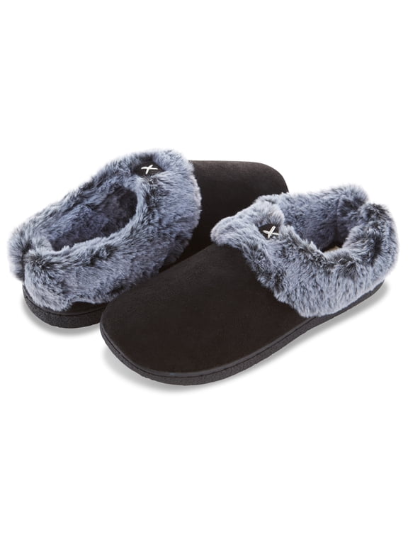 Women’s Microsuede Closed Back Clog Slipper with “X” Patch