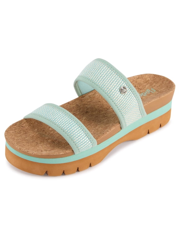 Women’s Ribbed Knit Wedge Slide Sandals, Double Strap Platform Slides with Faux Cork Footbed, 2” Comfort Wedge, Lightweight Non-Slip Casual Summer Sandals for Women