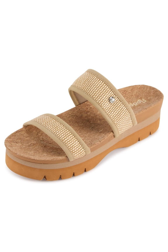 Women’s Ribbed Knit Wedge Slide Sandals, Double Strap Platform Slides with Faux Cork Footbed, 2” Comfort Wedge, Lightweight Non-Slip Casual Summer Sandals for Women