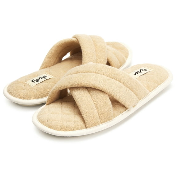 Floopi Women's Soft Criss Cross Slide W/Quilted Terry Stitch Open Toe Slipper W/ Memory Foam