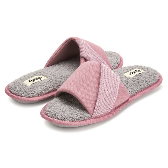 Floopi Women's Soft Waffle Slide W/Accent Knit Strap Open Toe Slipper W/ Memory Foam