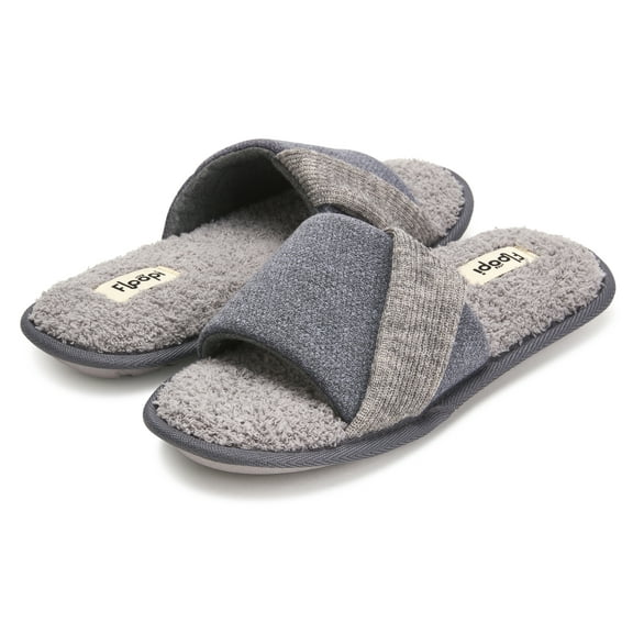Floopi Women's Soft Waffle Slide W/Accent Knit Strap Open Toe Slipper W/ Memory Foam