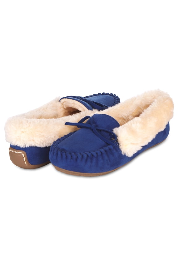 Womens Indoor/Outdoor Basic Memory Foam Moccasin Slipper W/Faux Fur Collar