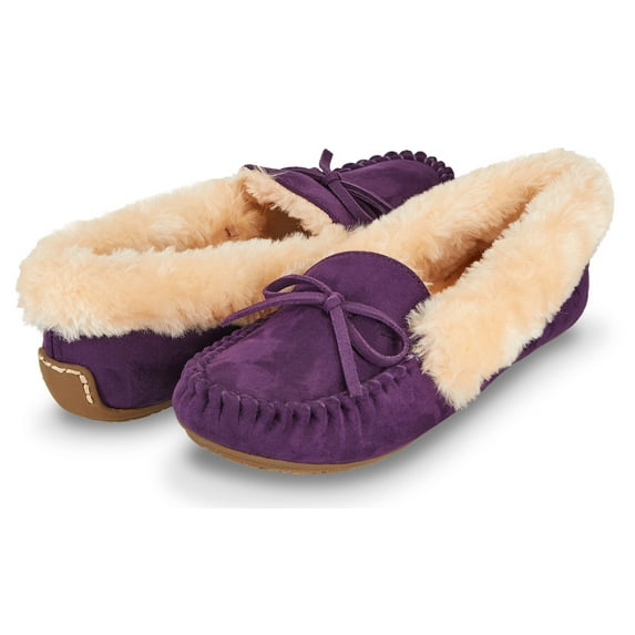 Floopi Womens Indoor/Outdoor Basic Memory Foam Moccasin Slipper W/Faux Fur Collar