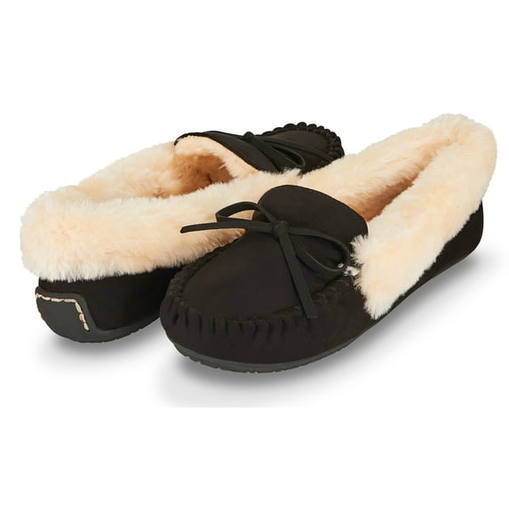 Floopi Womens Indoor/Outdoor Basic Memory Foam Moccasin Slipper W/Faux Fur Collar
