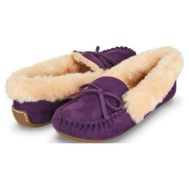 Floopi Womens Indoor/Outdoor Basic Memory Foam Moccasin Slipper W/Faux Fur Collar