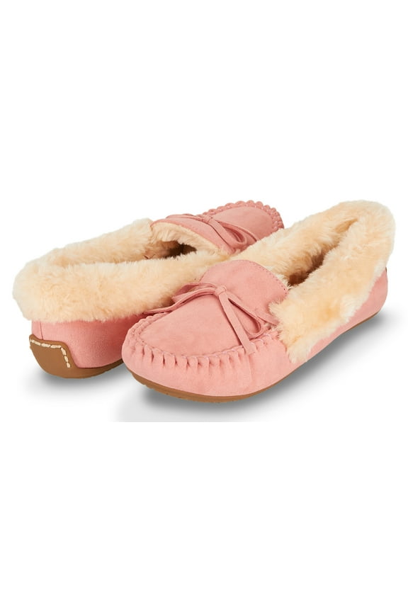 Womens Indoor/Outdoor Basic Memory Foam Moccasin Slipper W/Faux Fur Collar