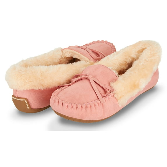 Floopi Womens Indoor/Outdoor Basic Memory Foam Moccasin Slipper W/Faux Fur Collar