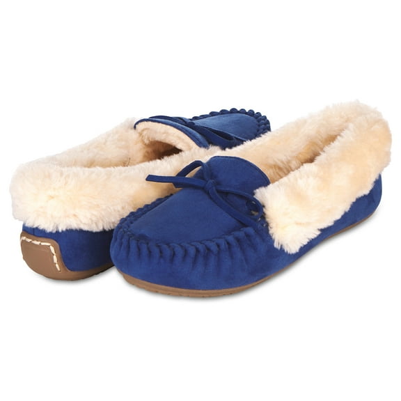 Floopi Womens Indoor/Outdoor Basic Memory Foam Moccasin Slipper W/Faux Fur Collar