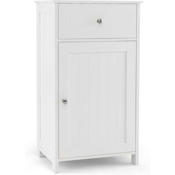 Floor Bathroom Storage Cabinet - Freestanding Cabinet with Drawer, Door, Adjustable Shelf, Anti-tipping Device, Storage Organizer for Sofa Side, Bathroom, Living Room, Bedroom, White