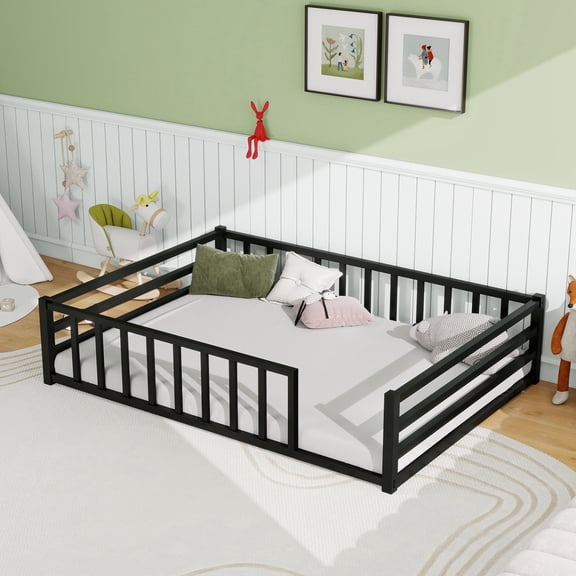 Floor Bed Frame Full Size with Fence for Small Space, Low Profile Metal Platform Bed with Guardrail Slats, No Box Spring Needed, Black