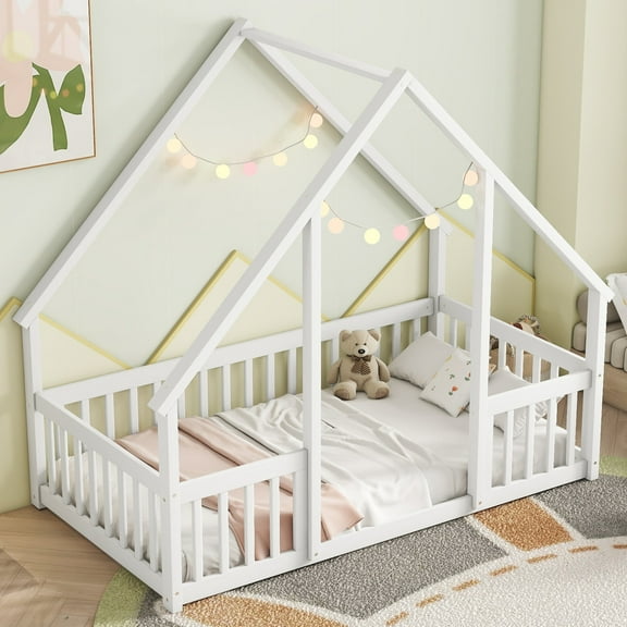 Floor Bed Frame, Twin Floor Bed with Roof & Fence Guardrails, Montessori Floor Bed in Wooden, Twin Bed Frames for Girls, Boys and Teens, White