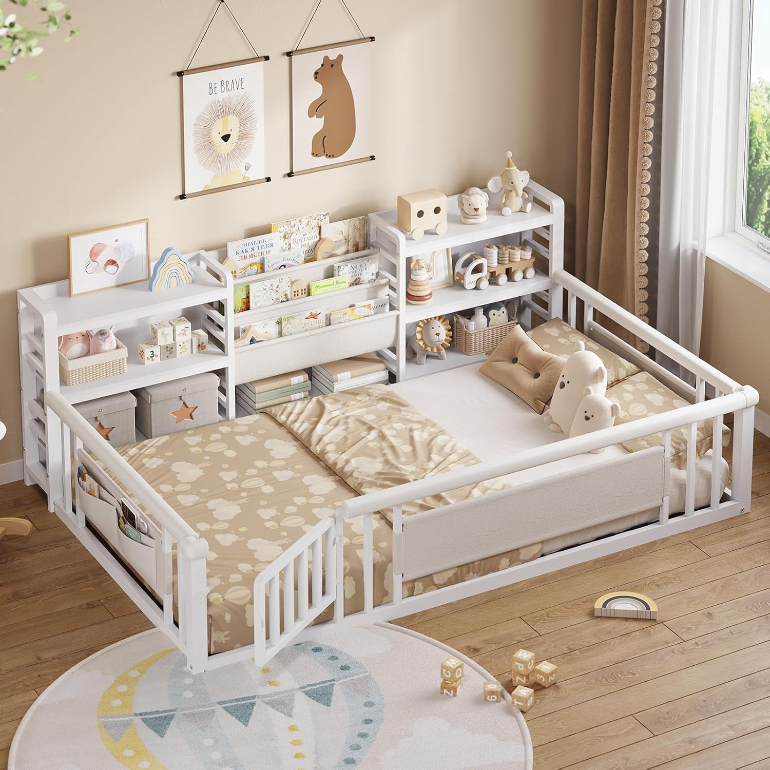 Floor Bed Frame Twin Size with High Fence & Door & Storage Bookcase, Montessori Floor Bed for Boys Girls, Twin Metal Platform Bed with Slats & Shelf & Safety Guardrails, White