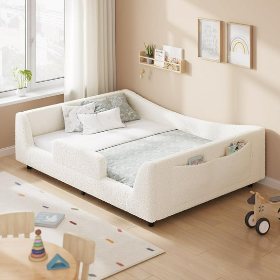 Floor Bed, Low Montessori 2-in-1 Convertible Beds, with Slats and High Rails, Upholstered Bed, Curve Round Frame, Girls and Boys, No Box Spring Needed, Easy Assemble (Beige, Full)