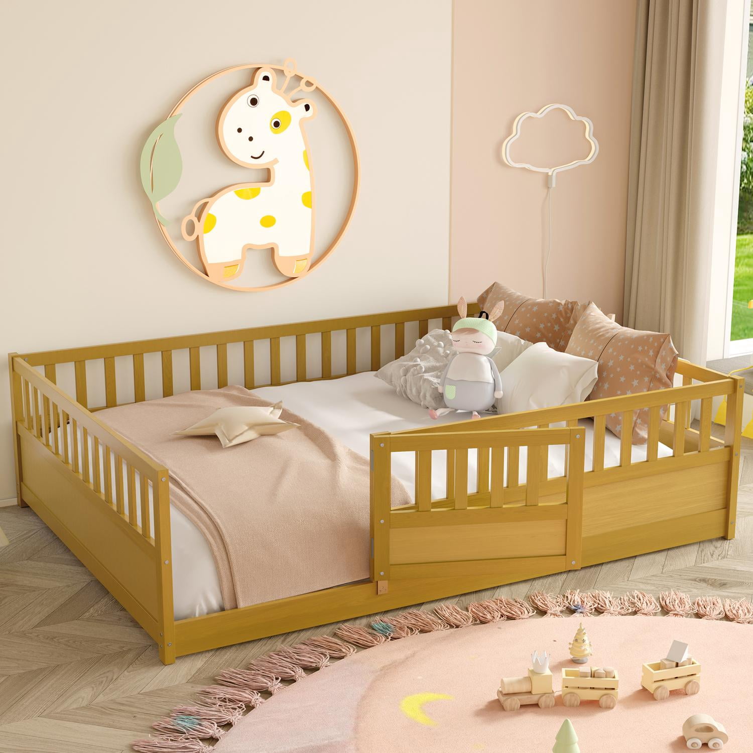 Floor Bed, Low-Profile Bed Frame, Full Size Bed with High Safety Barrier, Door and Support Slats for Stability, Solid Pine Wood Construction, Natural Wood