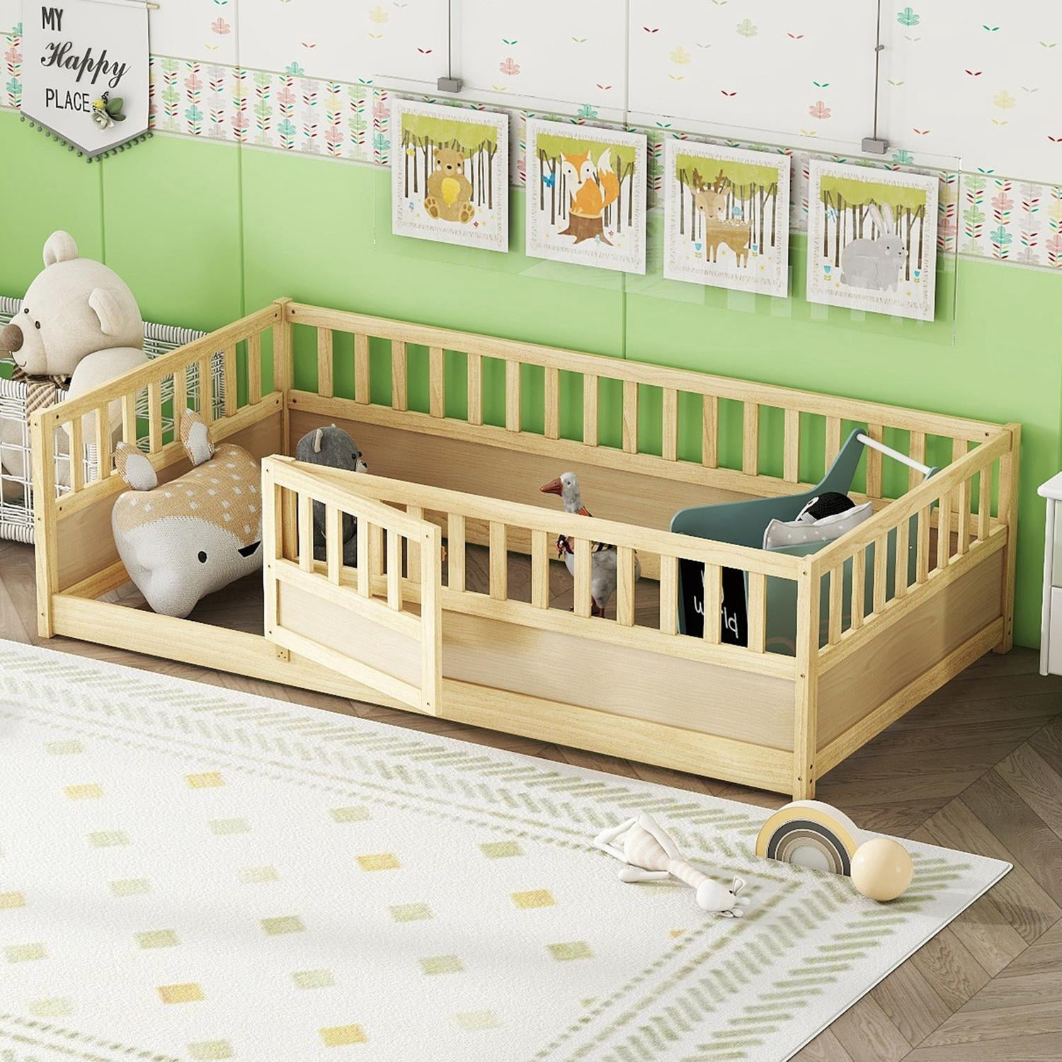 Floor Bed, Low-Profile Bed Frame, Twin Size Bed with Integrated High Safety Barrier and Door, Solid Pine Wood Construction, for Home Use, Natural Wood