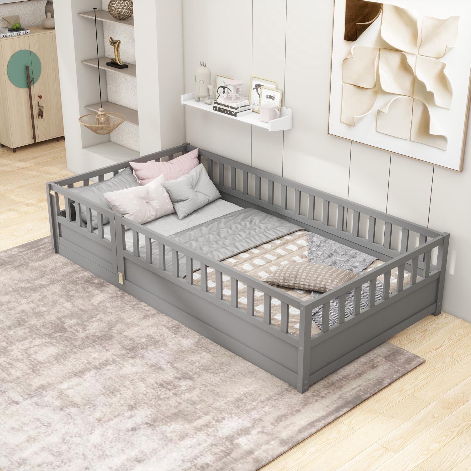 Floor Bed, Low-Profile Bed Frame, Twin Size Bed with High Safety Barrier, Door and Support Slats for Stability, Solid Pine Wood Construction, Grey