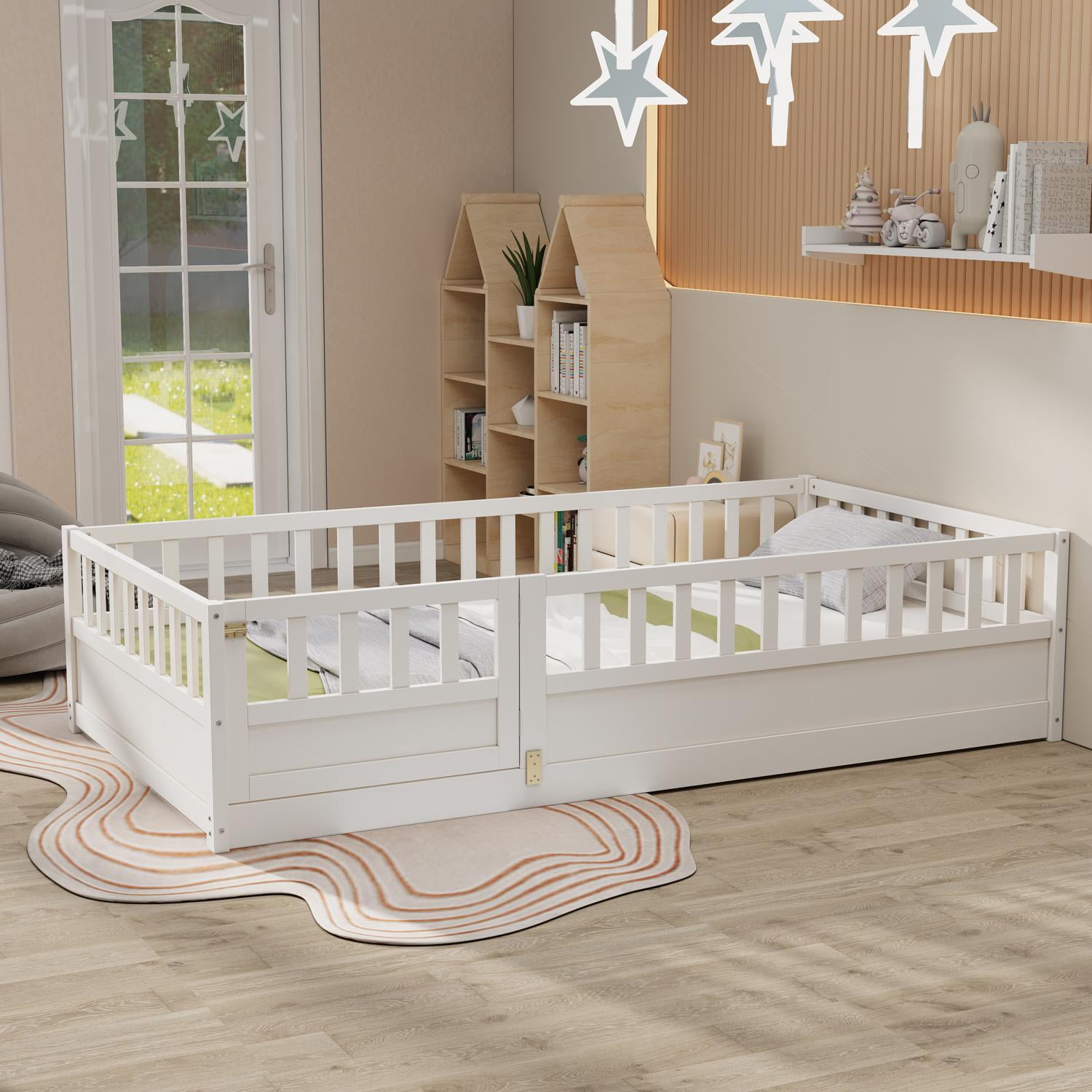 Floor Bed, Low-Profile Bed Frame, Twin Size Bed with High Safety Barrier, Door and Support Slats for Stability, Solid Pine Wood Construction, White