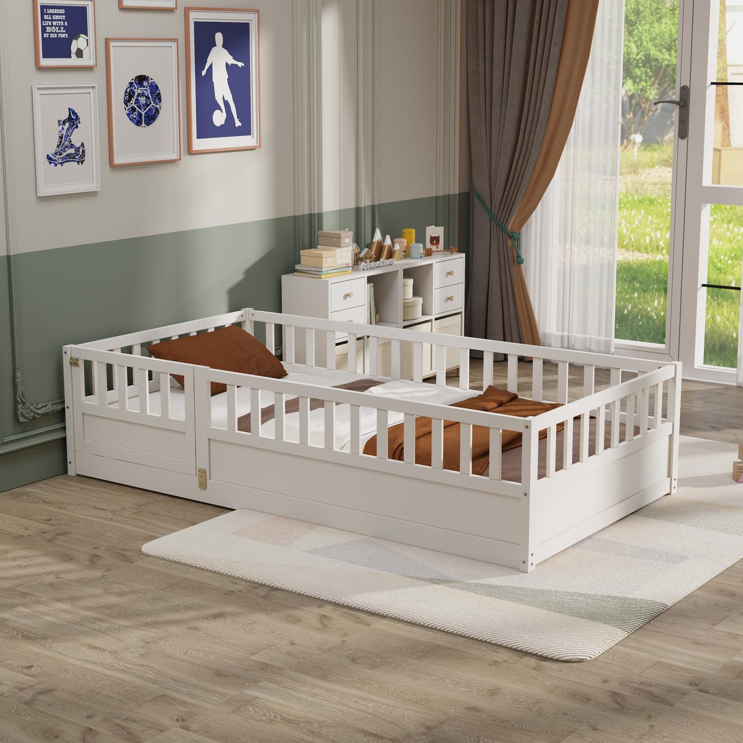 Floor Bed, Low-Profile Bed Frame, Twin Size Bed with Integrated High Safety Barrier and Door, Solid Pine Wood Construction, for Home Use, White