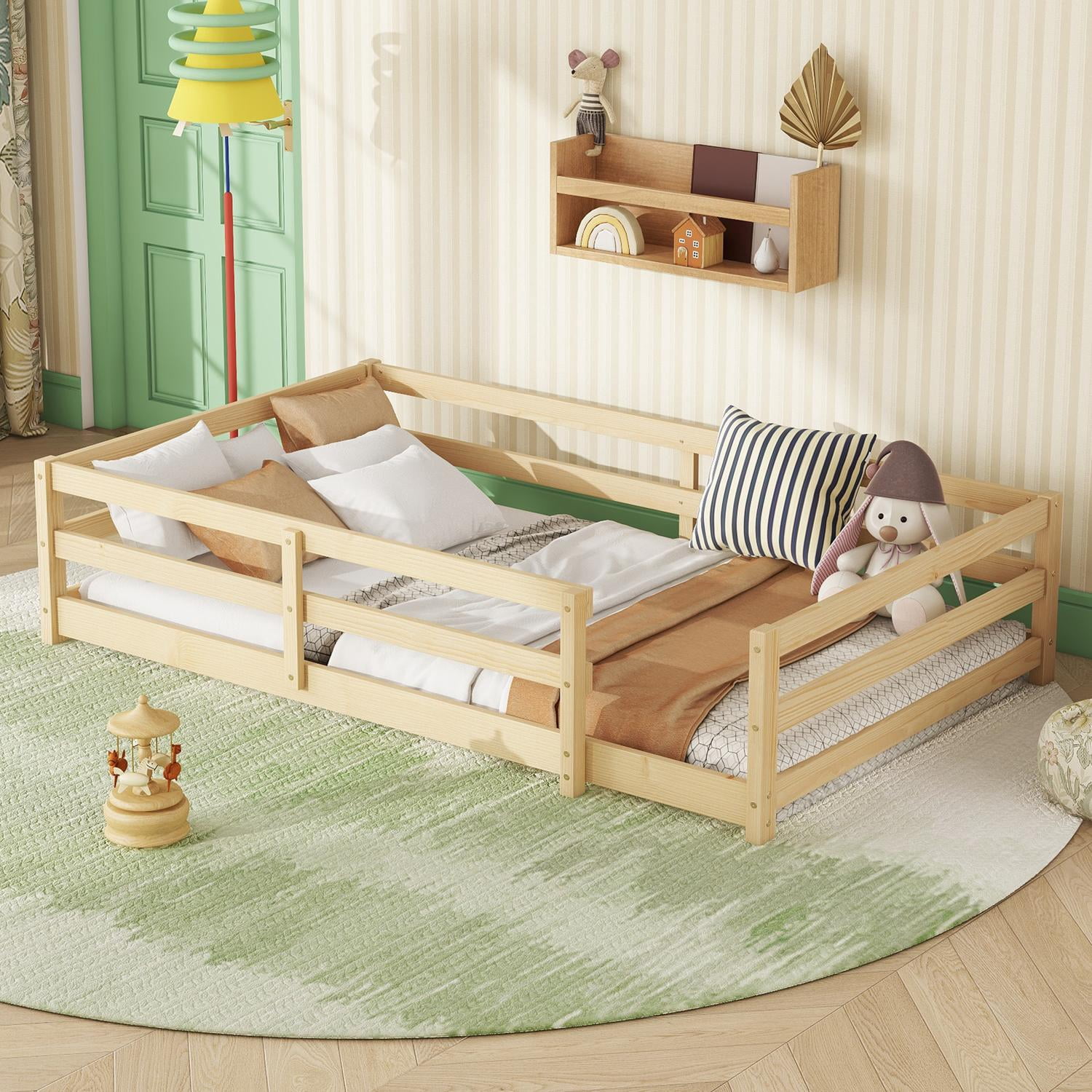 Floor Bed, Twin Size Montessori Bed Frame, Wood Floor Bed with Fence and Guardrails, No Box Spring Needed, Natural Wood Finish