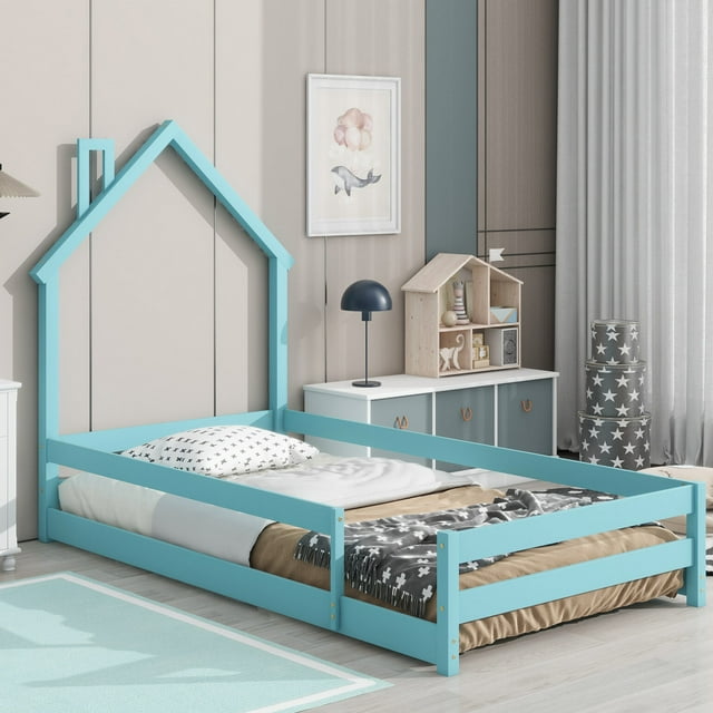 Floor Bed, Twin Size Montessori Bed with House Shape Headboard and Railings, Wood House Bed with Slats for Boys Girls, Low to Ground Height, No Box Spring Needed, Light Blue