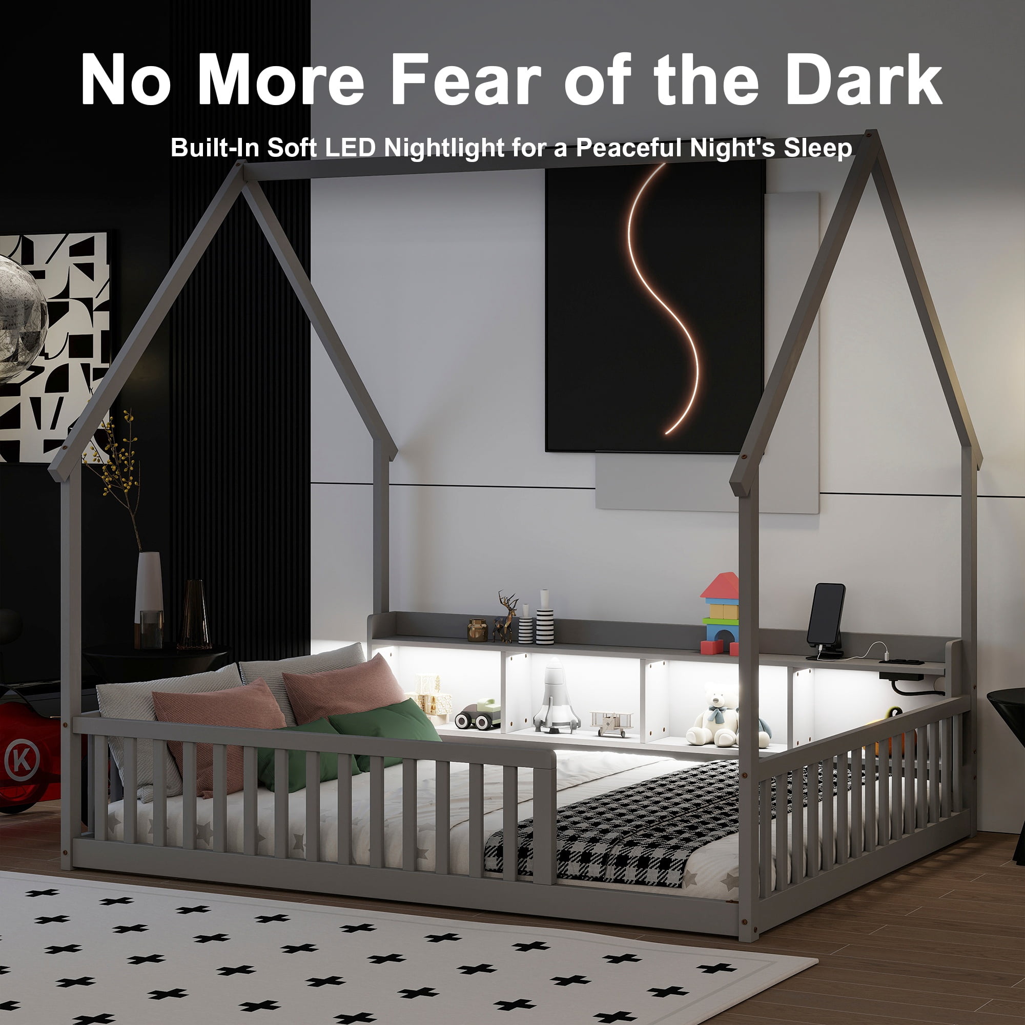 Floor Bed with House Design and Storage Shelves, Full Pine Wood Platform Bed and Charging Station Bed Frame with LED Lights and Guardrails, Gray