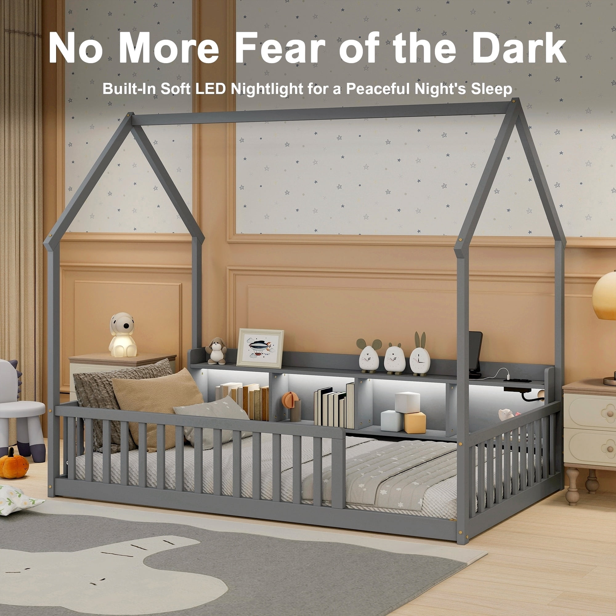 Floor Bed with House Design and Storage Shelves, Twin Pine Wood Platform Bed and Charging Station Bed Frame with LED Lights and Guardrails, Gray