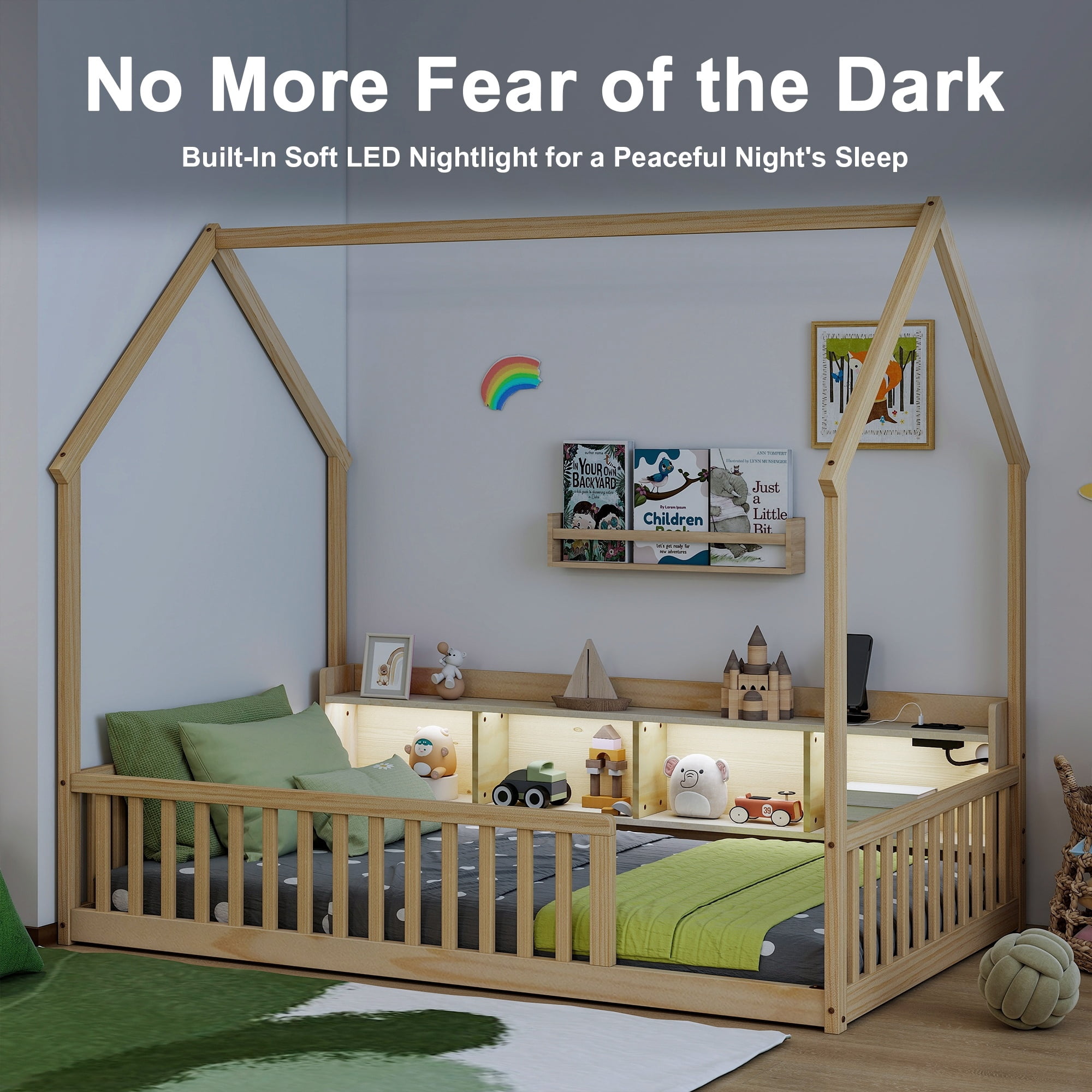 Floor Bed with House Design and Storage Shelves, Twin Pine Wood Platform Bed and Charging Station Bed Frame with LED Lights and Guardrails, Natural