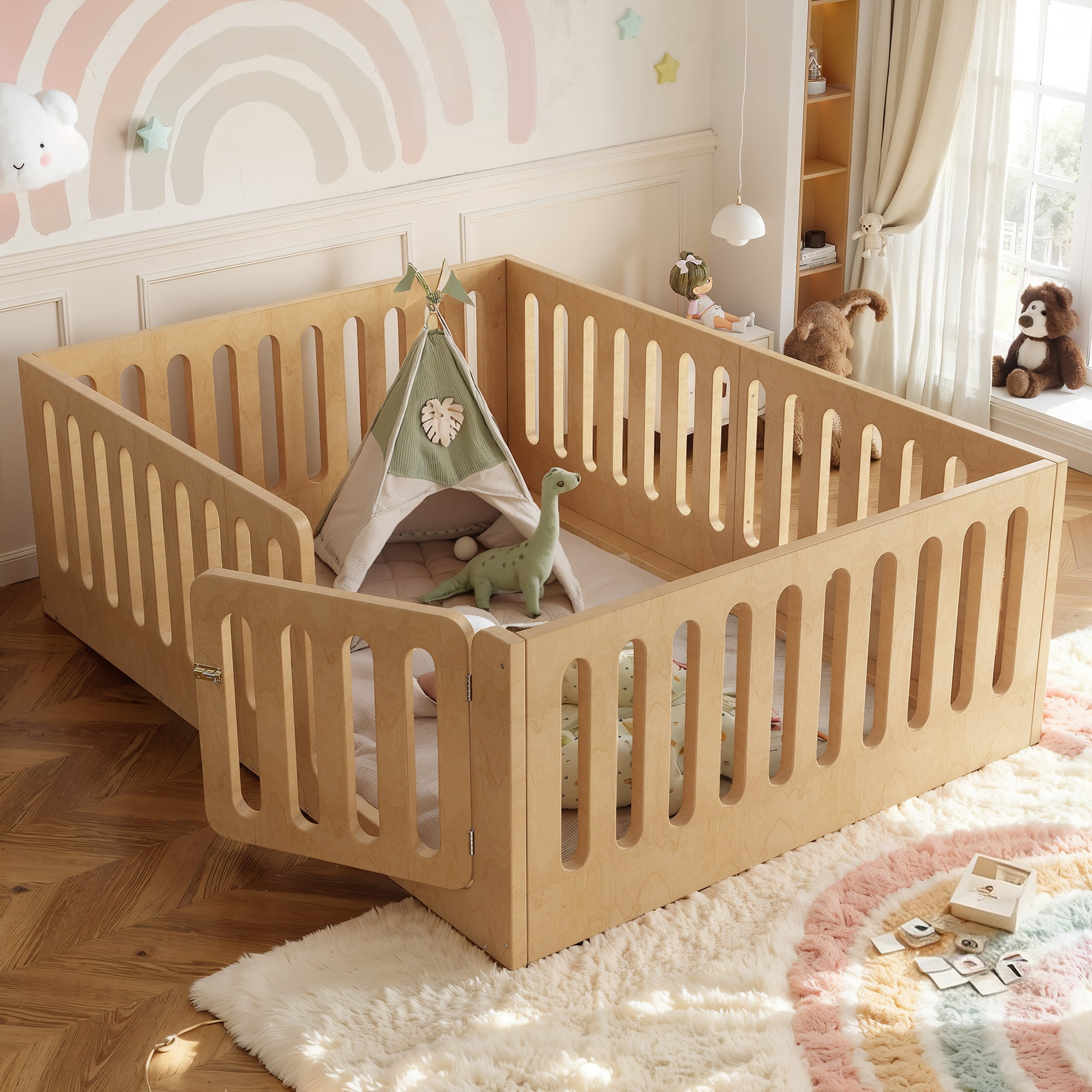 Floor Bed with Safety Rails and Door, Full Solid Wood Platform Bed and Montessori Style Bed Frame for Bedroom, Natural