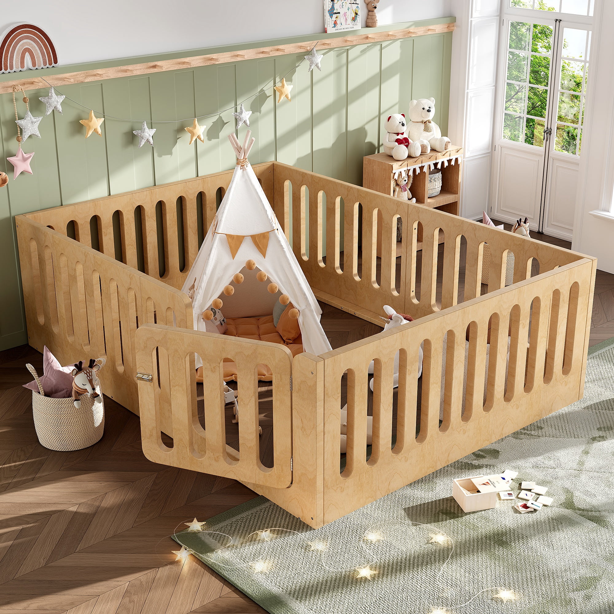 Floor Bed with Safety Rails and Door, Queen Solid Wood Platform Bed and Montessori Style Bed Frame for Bedroom, Natural