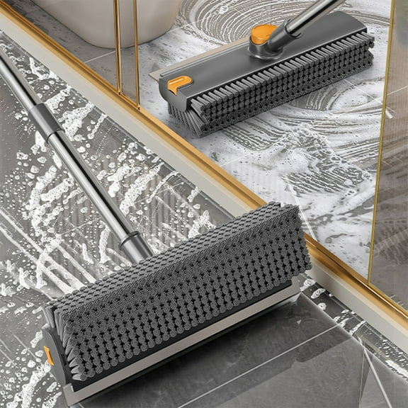Floor Brush with Long Handle 2 In 1 Scraper and Bristles,V Shape Stiff Bristles Tile Grout Cleaner Quickly Removes Stains and Water,Multi Floor Wall Bathroom Patio Kitchen Cleaning Tool-black