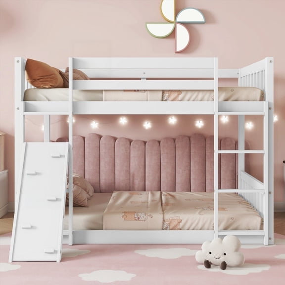 Floor Bunk Bed - Twin Over Twin with Climbing Ramp & Safety Guardrails in White