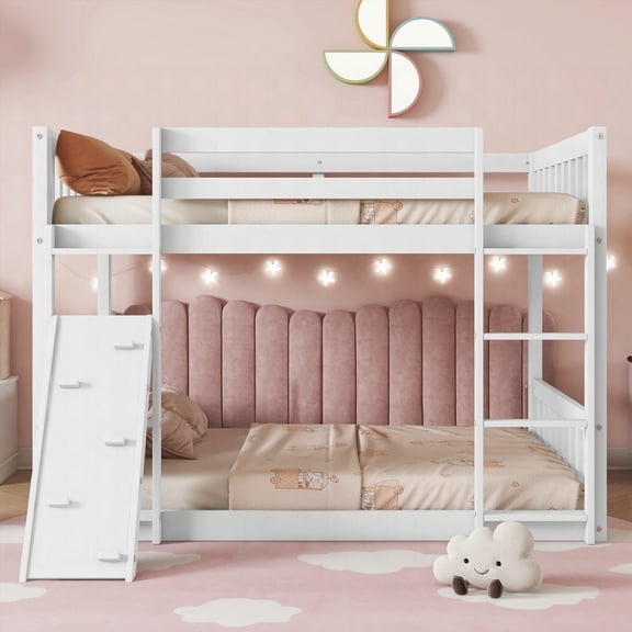 Twin Size Pine Platform Bed Frame with Climbing Ramp and Safety Guardrails, White for Bedroom