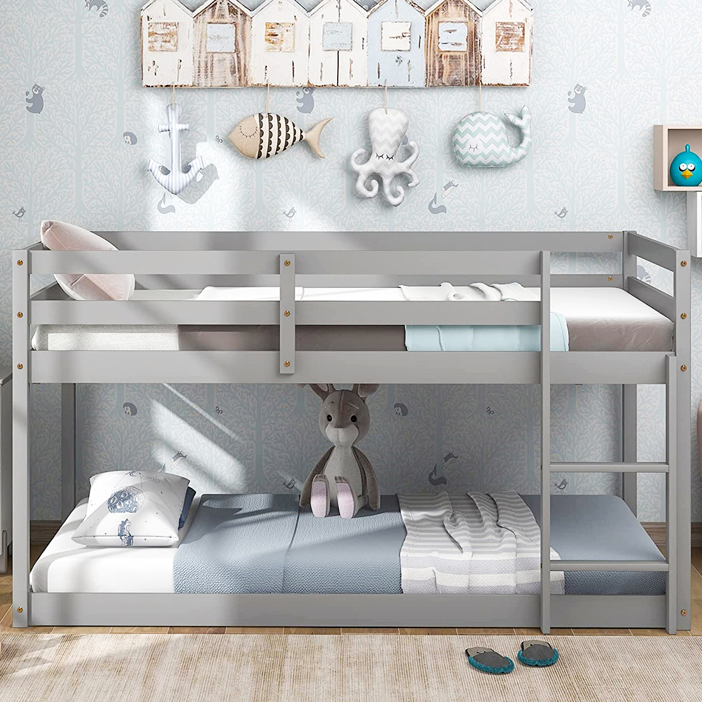Floor Bunk Beds for Kids, SEGMART Twin over Twin Bunk Bed Wood Bunk Bed