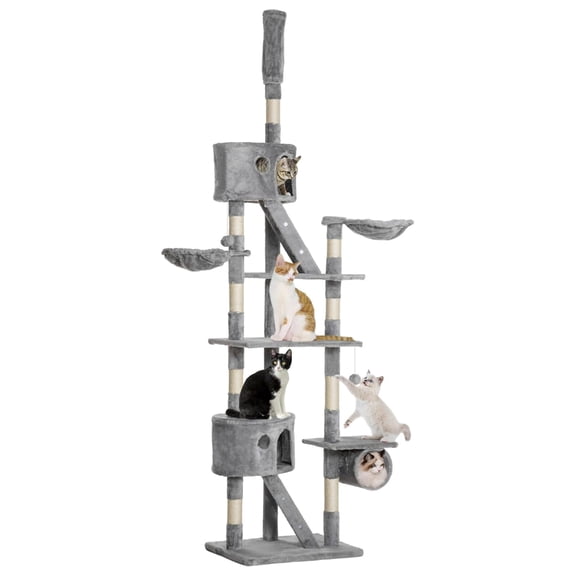 Floor to Ceiling , 94.5-102.5 inch Adjustable Height Cat Climbing Tower with Scratching Posts, Condos, Hammocks, Tubes, Ladders, Platforms, Dangling Balls for Indoor Kittens, Light Gray