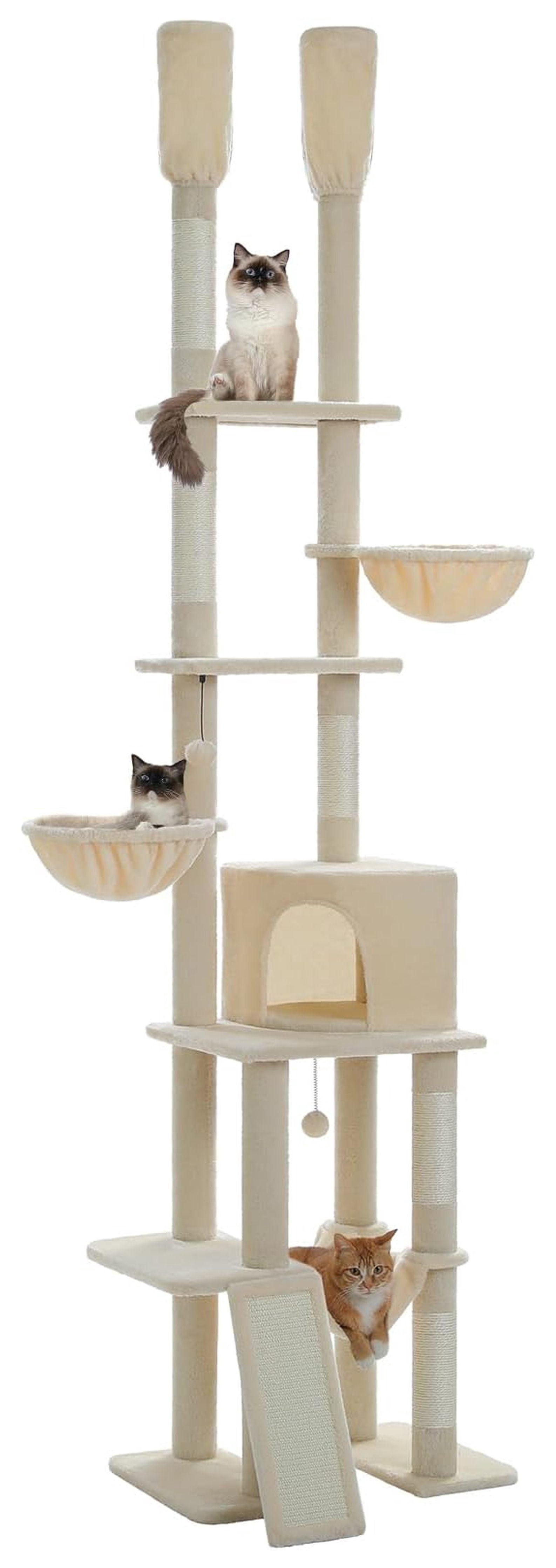 Floor to Ceiling Cat Tree, 85-112 Inch Adjustable Cat Tower, Tall Cat Tree for Indoor Cats, 7 Tier Cat Climbing Tower with Hammocks & Scratching Posts - Beige