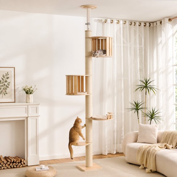 Floor to Ceiling Cat Tree, 98"-118.8" Adjustable Height Cat Tower with Sisal Scratching Post, 5 Tier Tall Cat Tree Tower with Condos and Top Perch for Indoor Cats.