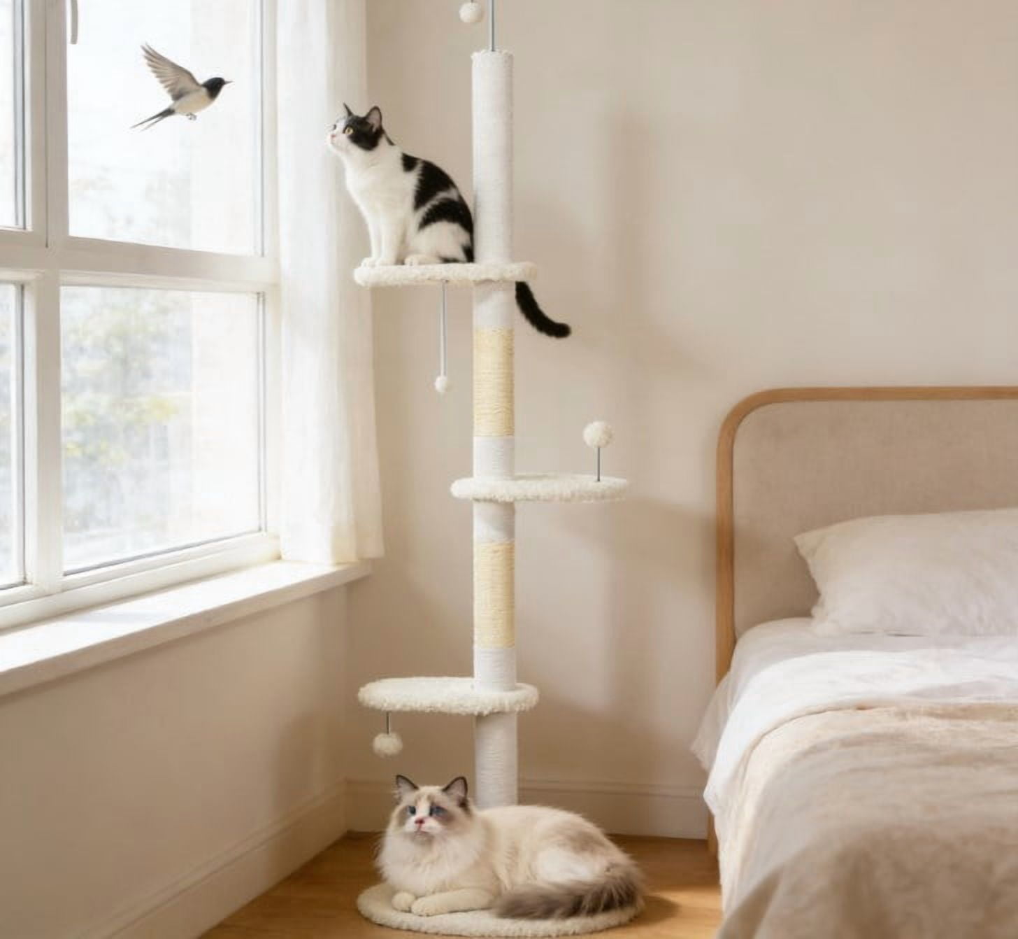Floor to Ceiling Cat Tree, Adjustable Height 88.5"-100.5", Multi-Level Cat Tower with Sisal Scratching Posts, Cloud Perches & Toy Balls for Cats Under 10 lbs