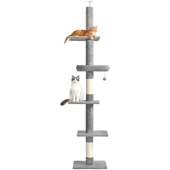Floor to Ceiling Cat Tree, Cat Tower with Adjustable Height 98-110 Inches, 5 Tiers Tall Cat Tree Floor to Ceiling with Cozy Bed,Platforms, Sisal Scratching Posts for Cats, Soft Gray