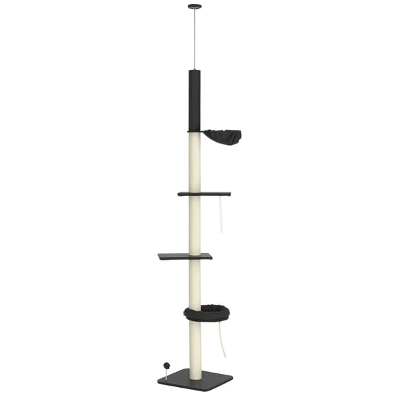 Floor to Ceiling Cat Tree for Indoor Cats, 5 - Tier Cat Climbing Tower with Carpeted Platforms, Cozy Bed, Hammock, Scching Post and Toy Ball, Height Adjustable from 95'' to 106'', Dark Gray