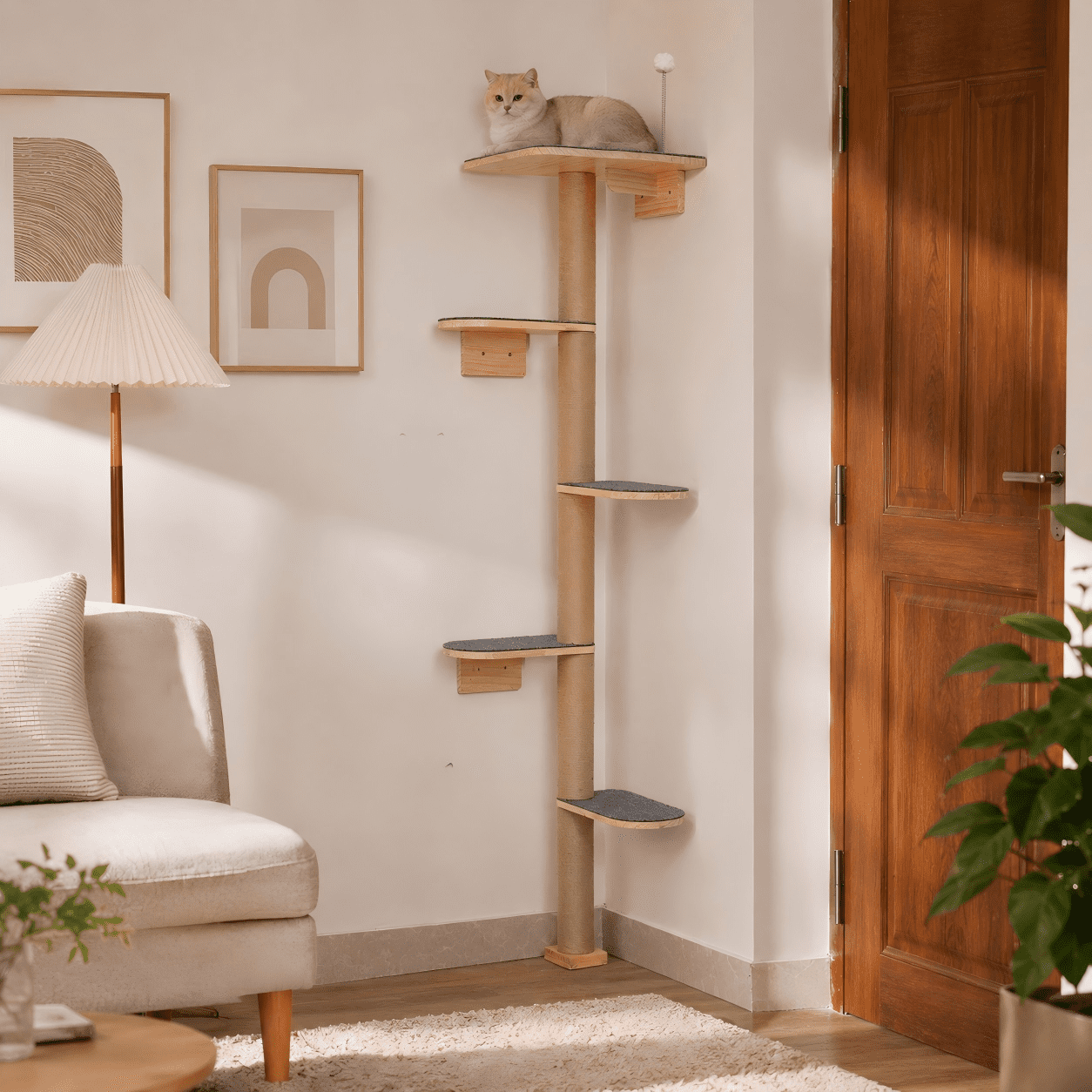 Peluomoz Gray Adjustable Floor to Ceiling Cat Tree with 5 Felt Platforms, Natural Pine Wood, 83 in