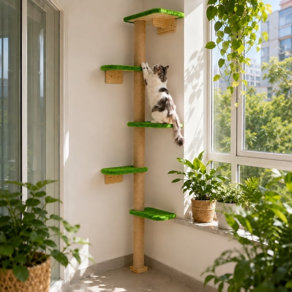 Peluomoz Green Adjustable Floor to Ceiling Cat Tree with 5 Plush Platforms, 83 in
