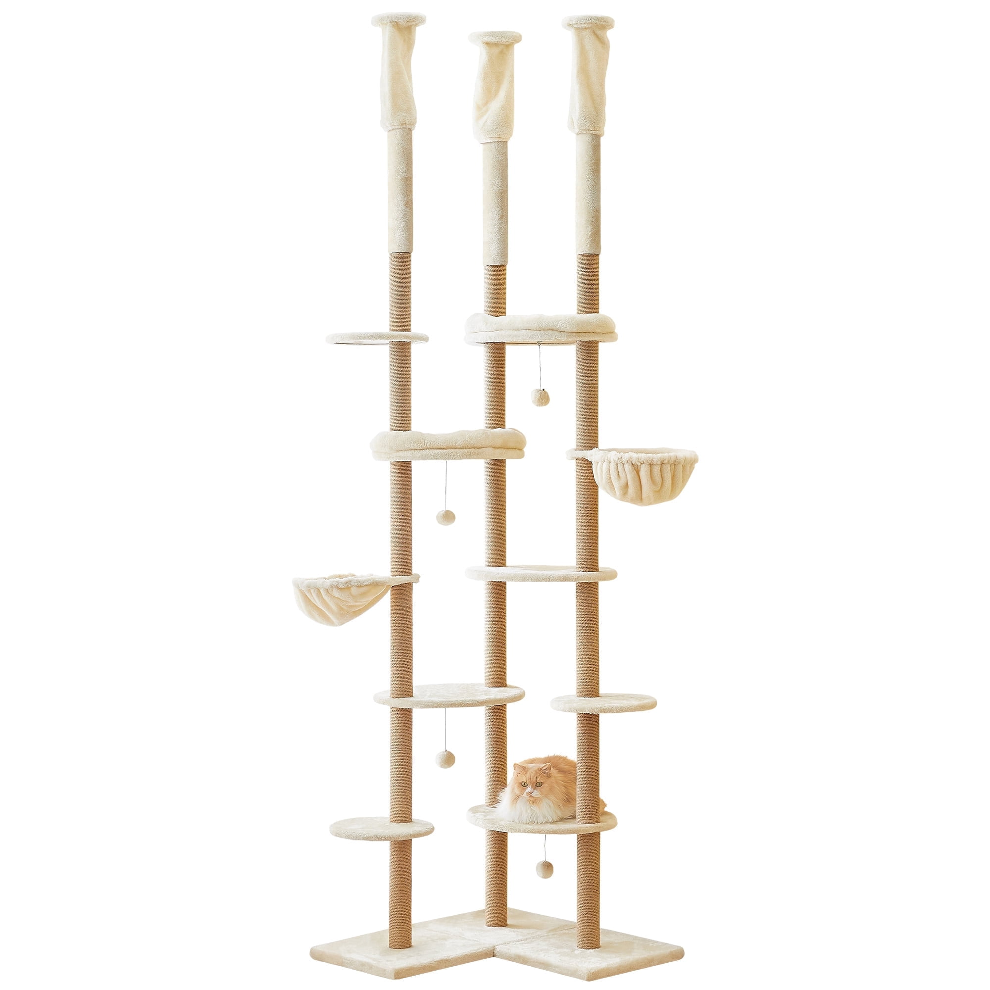 Floor to Ceiling Cat Tree, Tall Cat Tower Adjustable Height (88”-114”=223-290CM), 6-Tier Cat Climbing Tower with 18 Fully Sisal Scratching Posts,Beige