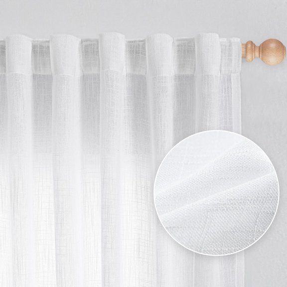 Floor to Ceiling Sheer Curtains 120 inch, White Linen Look Boho Drapes 2 Panels, Light Filtering Window Treatment for Living Room