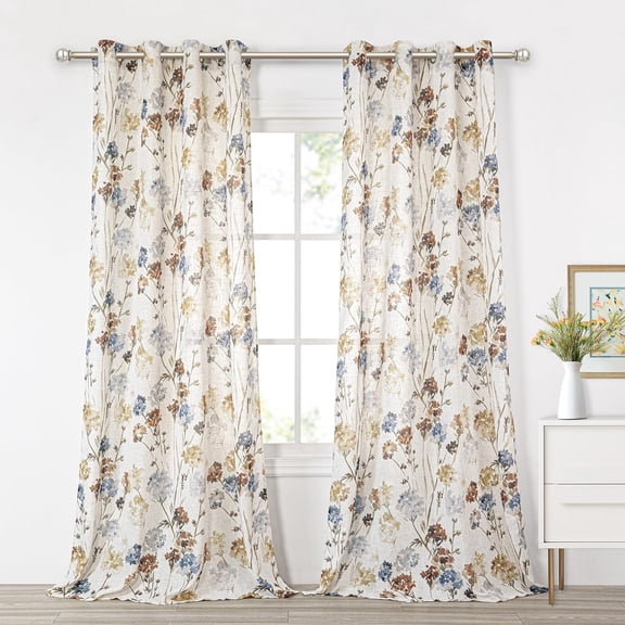 Floor to Ceiling Linen Floral Curtains 95 Inch Length 2 Panels Set Semi Sheer Light Filtering Farmhouse Flower Print Patterned Window Grommet Curtains for Living/Dining Room, Yellow, 2 Pcs