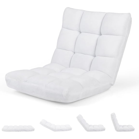 Floor Chair with Back Support, 14-Position Lazy Sofa Chair with Soft Coral Fleece, Folding Floor Gaming Chair, Couch Recliner, Floor Seat for Reading, Meditating, Yoga, Gaming (White)