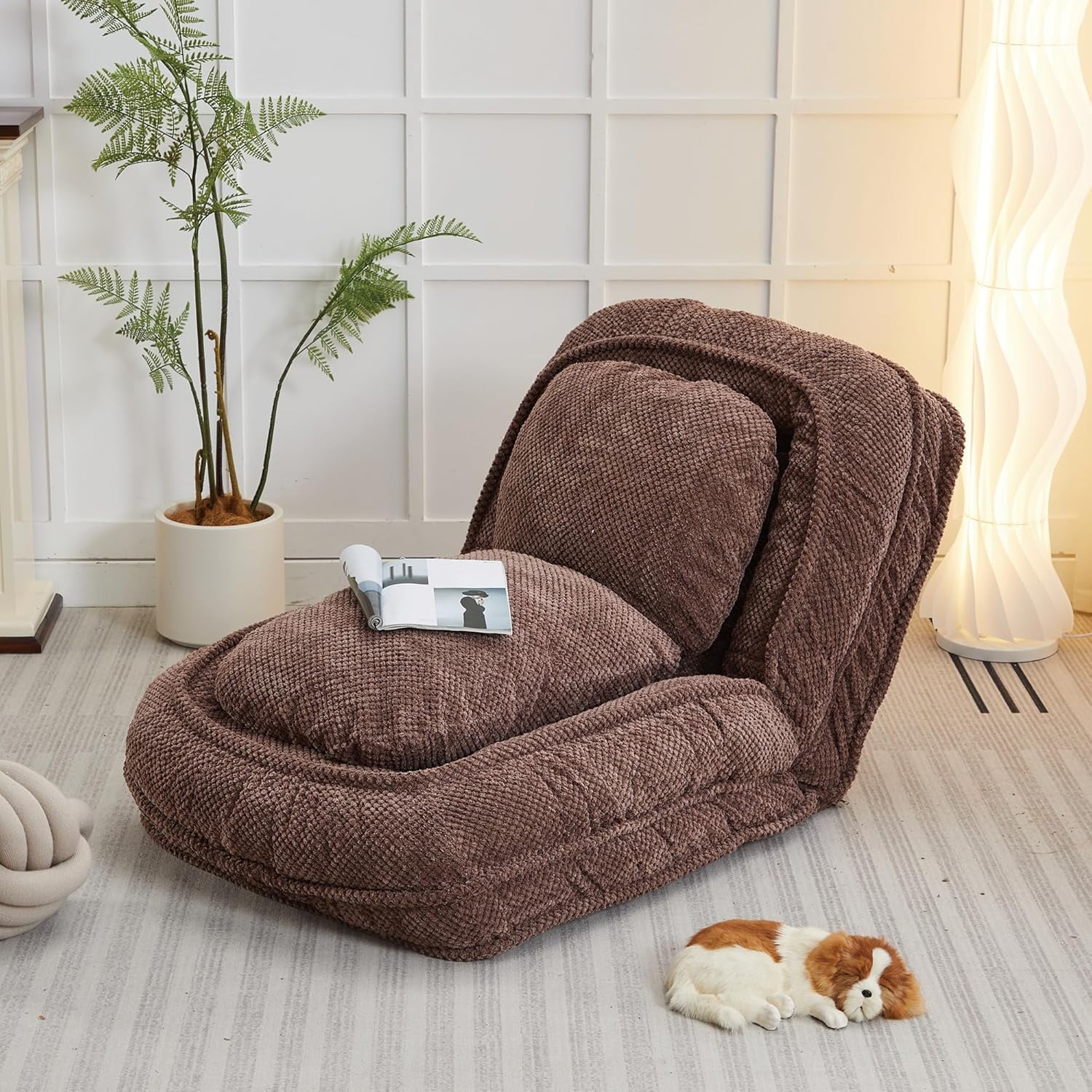Floor Chair with Back Support, Folding Sofa Chair with 5 Adjustable Position, Plush Floor Gaming Chair, Meditation Chair for Lazy Boys, Human Dog Bed for Living Room, Bedroom, Lounge, Brown