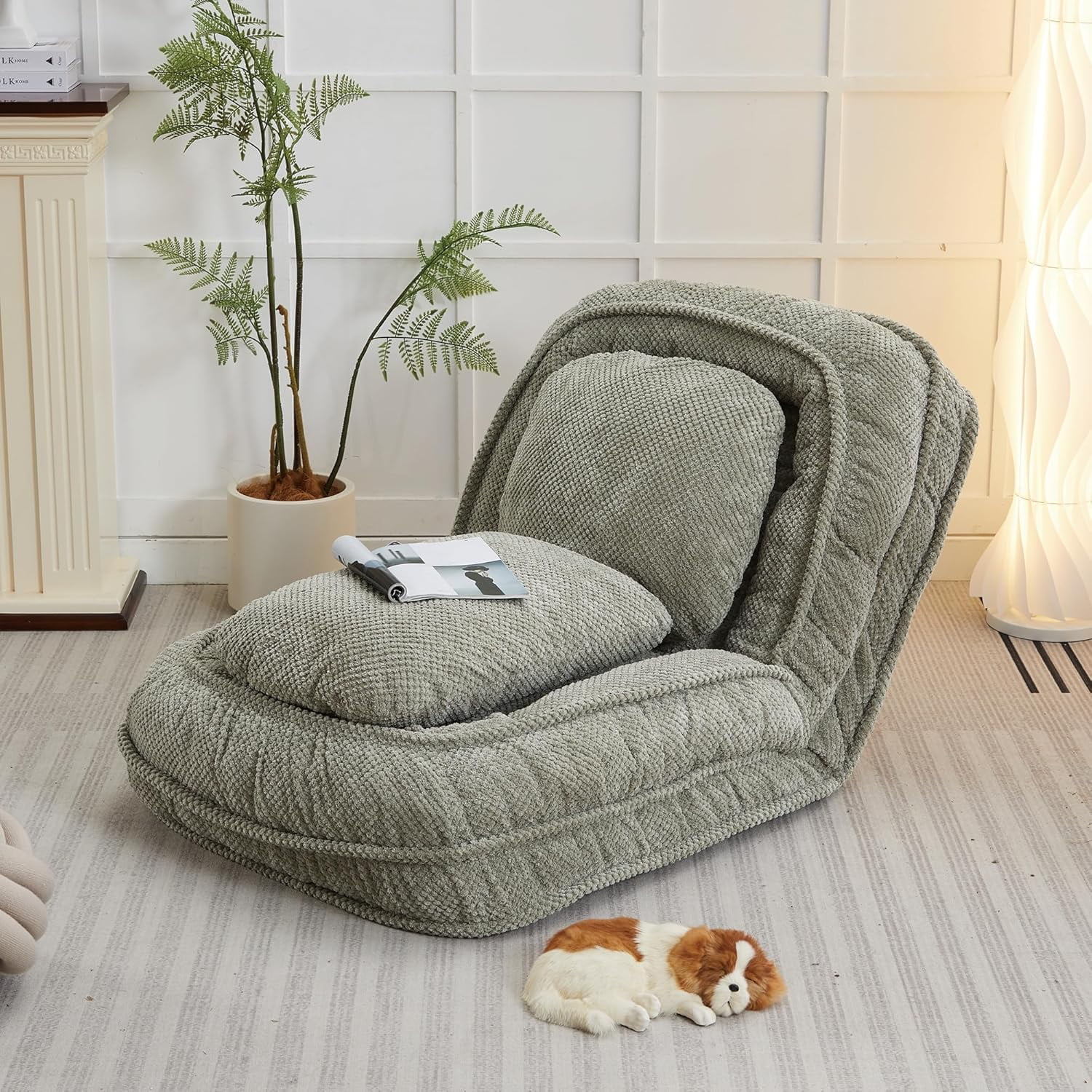 Floor Chair with Back Support, Human Dog Bed, 5 Adjustable Position Plush Folding Chair, Upholstered Lounge Chair for Adults & Pets, Single Lazy Sofa Bed for Living Room, Game Room, Green