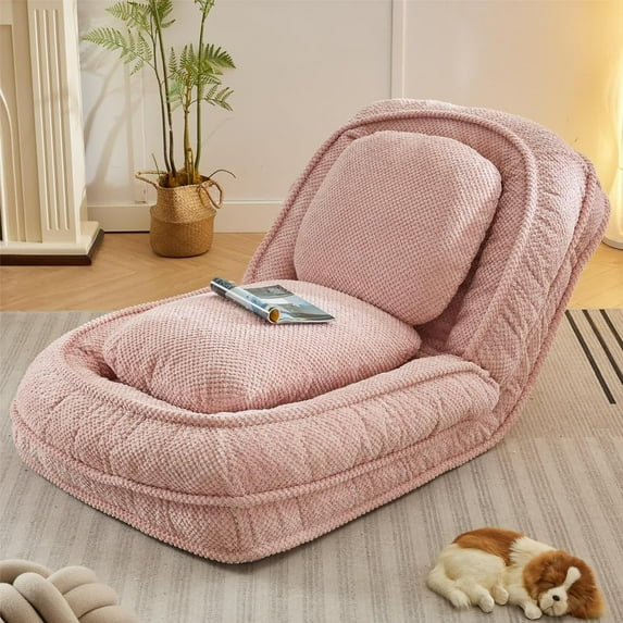 Floor Chair with Back Support, Folding Sofa Chair with 5 Adjustable Position, Plush Floor Gaming Chair, Meditation Chair for Lazy Boys, Human Dog Bed for Living Room, Bedroom, Lounge, Pink